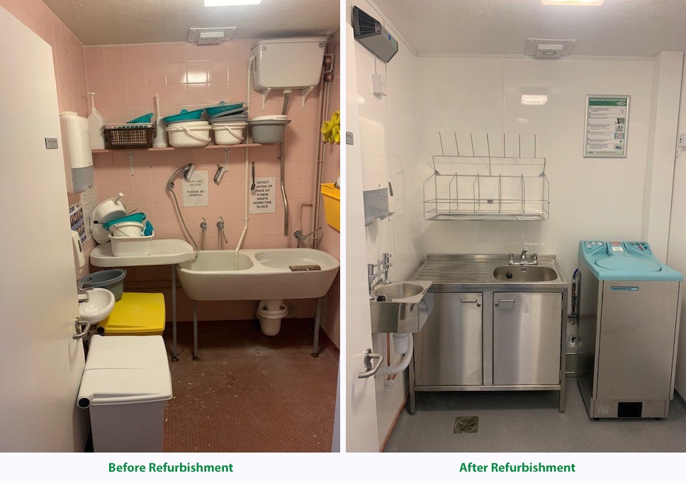 Halcyon House sluice room refurbishment before and after
